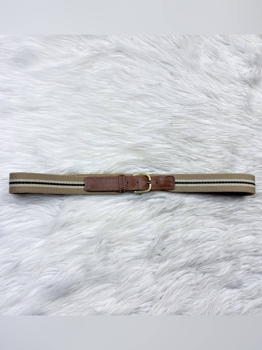Vintage Surcingle Web Striped Woven Knit Leather Belt Beige Tan 36 Medium Preppy